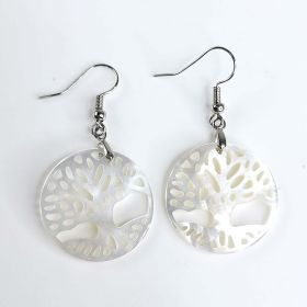 White Mother of Pearl Shell Carved Tree of Life Dangle Earrings