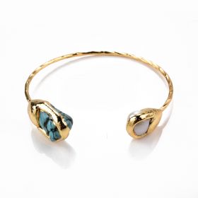 Luxury Ladies Baroque Freshwater Pearl and Turquoise Open Bangle Bracelet Gold Plated Brass Cuff