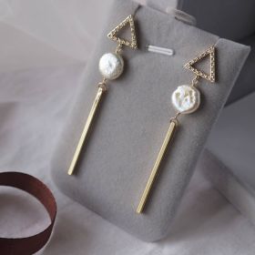 Single Coin Pearl Triangle Earrings with Long Tassel Bar Stick Drop Dangle
