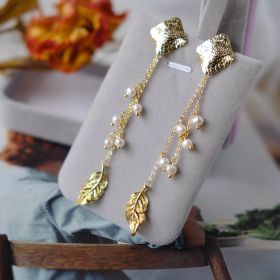Leaf Drop Charms White Pearl Gold Plated Chain Tassel Dangling Earrings Rhombus Stud