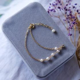Gold Plated Link Chain White Pearl Bracelet with Tiny Rhinestone Teardrop Charms Adjustable 7-8"