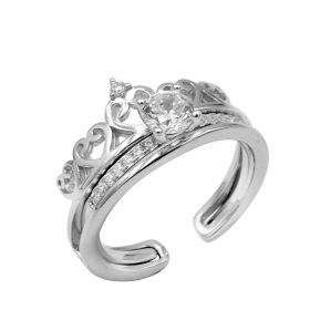 Fashion Vintage Crown Design Rhinestone Silver Open Adjustable 2-in-1 Ring Set Jewelry Gift