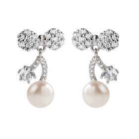 6-7mm White Bread Freshwater Pearl 925 Silver Lovely Bow-knot Earrings Studs