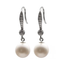 Women's 8-9mm Round White Freshwater Cultured Pearl Earrings 925 Silver CZ