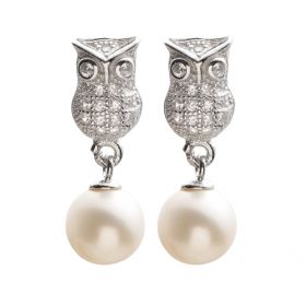 Lovely White Round Freshwater Pearls 925 Sterling Silver Inlay Zircons Owl Stud Earrings