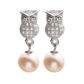 925 Sterling Silver Round Pink Pearl Jewelry Fashion Cute Owl Stud Earrings For Women
