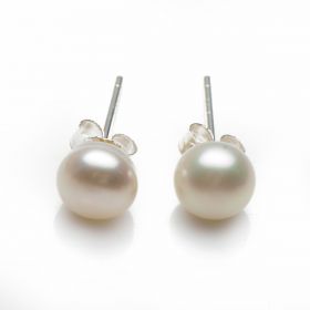 Women 7-7.5mm White Bread Freshwater Cultured Pearl Stud Earrings 925 Silver