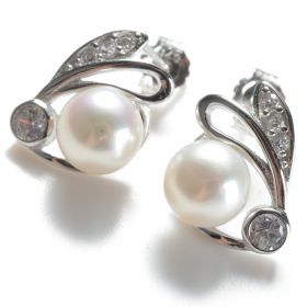 Cute Earrings Stud CZ 925 Silver Freshwater Pearls 7-7.5mm