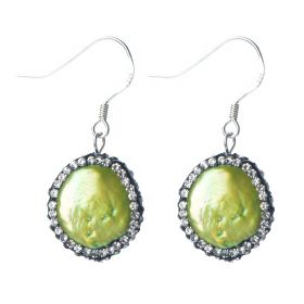Handmade Green Freshwater Coin Cultured Pearls Dangle Earrings for Women 925 Silver Hooks