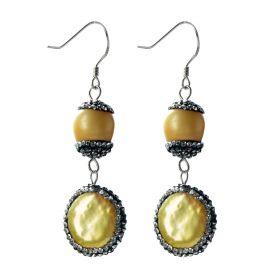 Rhinestone Pave Yellow Freshwater Pearls Earrings 925 Silver Hook