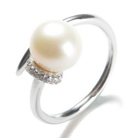 Elegant Adore 925 Silver Round 8-9mm White Pearl Ring