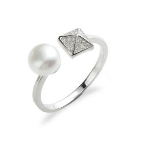 Clear Cubic Zirconia 925 Silver Square Ring White Pearl 7.5-8mm SFR108