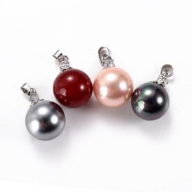 14mm Round Shell Pearl Copper Pendant for Necklace Jewelry Gray/Peacock Green/Red/Pink Color