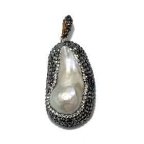 Freeform Baroque White Freshwater Pearl Pendant Rhinestones Studded without Chain