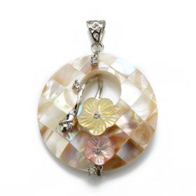 Round White Shell Yellow & Pink Flowers Rhinestones Pendant for Women Girls Jewelry