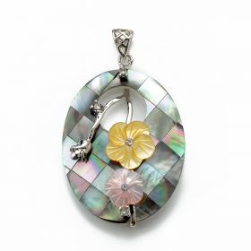 Oval Black Shell Pendant Yellow & Pink Flowers Handmade Jewelry