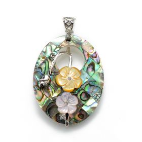 Oval Abalone Shell Pendant Yellow & Pink Flowers Decoration Fashion Jewelry