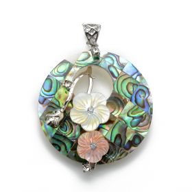 Round Hollow Yellow & Pink Flowers Paua Abalone Shell Pendant Bead For Necklace Making