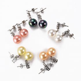 10mm Round Shell Pearls Drop Earring Copper with Cubic Zirconia Studs