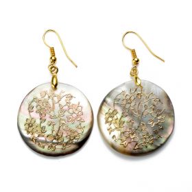 Floral Charm Round Shell Earrings for Ladies Unique Jewelry Handmade Golden Wire