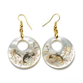 Elegant Ocean Dolphin Coconut Tree Pattern White Shell Earrings for Girls