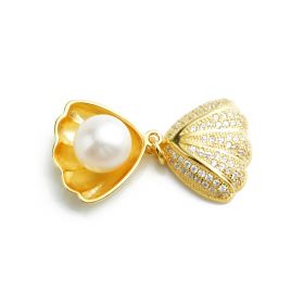 Shell-shaped Gold Sterling 925 Silver 8-9mm Round White Pearl Pendant SPJ161