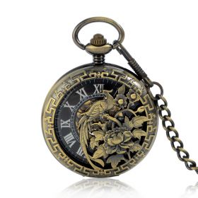 Vintage Bronze Mechanical Pocket Watch Phoenix Bird Engraved Hand Winding Watches with Chain