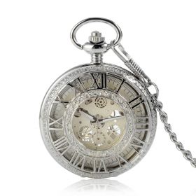 Hollow Roman Number Hand Wind Mechanical Pocket Watch Silver Tone with Chain