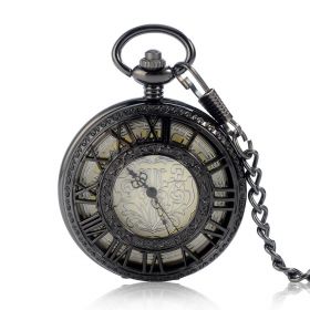 Black Hollow Roman Number Mechanical Pocket Watch Flower Dial with Chain