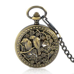 Double Birds Carved Steampunk Pocket Watch Skeleton Hand Wind Mechanical Watches for Lovers