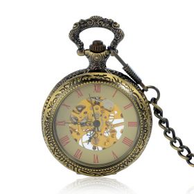 Mechanical Roman Numerals Dial Skeleton Pocket Watches Magnifier Glass Cover with Chain