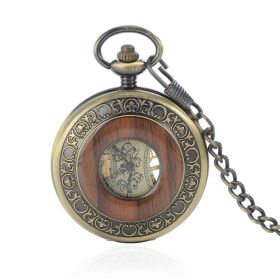 Vintage Bronze Wooden Mechanical Pocket Watch Roman Numerals Carving Flower Dial