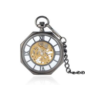 Steampunk Transparent Open Face Pocket Watch Automatic Mechanical Skeleton with Chain
