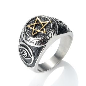 Men's Stainless Steel Engraved Eye of God Golden Five-pointed Star Design Rings