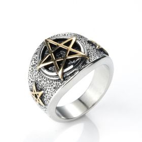Vintage Engraved Golden Five-pointed Star Rings Stainless Steel Male Jewelry