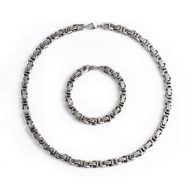 Byzantine Box Stainless Steel Chain Necklace & Bracelet Set Silver for Men