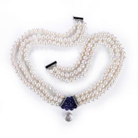 Chocker Three Strands White FW Pearl & Purple Amethyst Necklace
