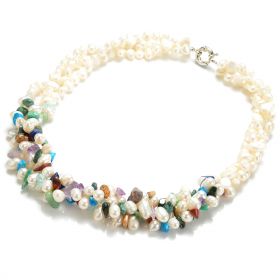 Mixed Gemstone Chips White Freshwater Pearl 3-strands Necklace