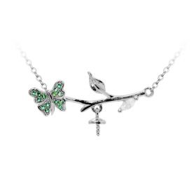 S925 Sterling Silver Pearl Pendant Necklace Clavicle Chain with Zircon Green Butterfly No Pearl