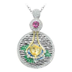 Gorgeous round lotus  925 silver zircon enamel pendant necklace finding /mounting without pearl & chain