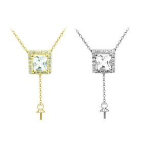 S925 Silver Necklace Female Shiny Zircon Pendant Square Clavicle Chain with Pearl Seat Base