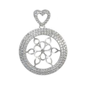925 Sterling Silver CZ Surrounded Round Pendant Mount with Blank Pearl Base Heart Shaped Bail