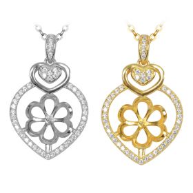 Heart Inlaid with Flower Base for Pearl 925 Sliver Jewelry with Zircon Pearl Pendant Mounting/Finding/Setting without Chain & Pearl