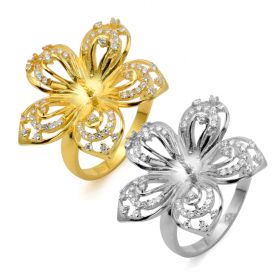 925 Silver Rose Flower Shape Set for Pearl Ring Setting/Finding/Mounting with Cubic Zircon
